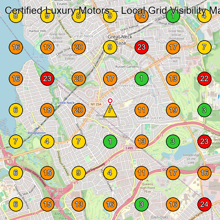 Certified Luxury Motors Used Car Dealer GeoGrid ranking map for Great Neck NY